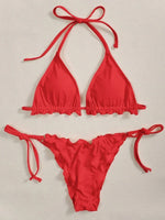 Ribbed Ruffled Frilled Brazilian Bikini Women Swimsuit Female Swimwear Two Pieces Bikini Set Halter String Bathing Suit Swim