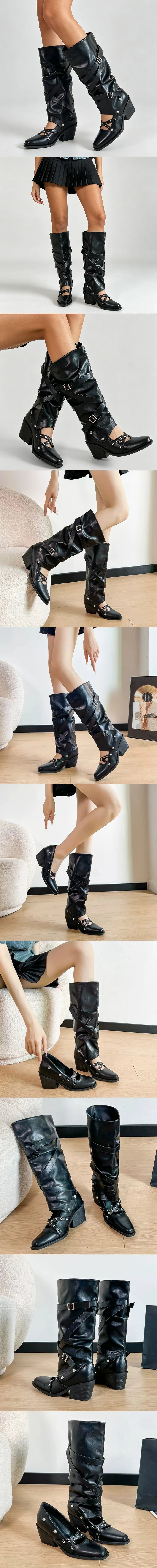 Vintage Y2k Slouchy Knee High Western Boots Women Chunky Block Heel Summer Cowboy Knee High Boots Motorcycle Boots Shoes