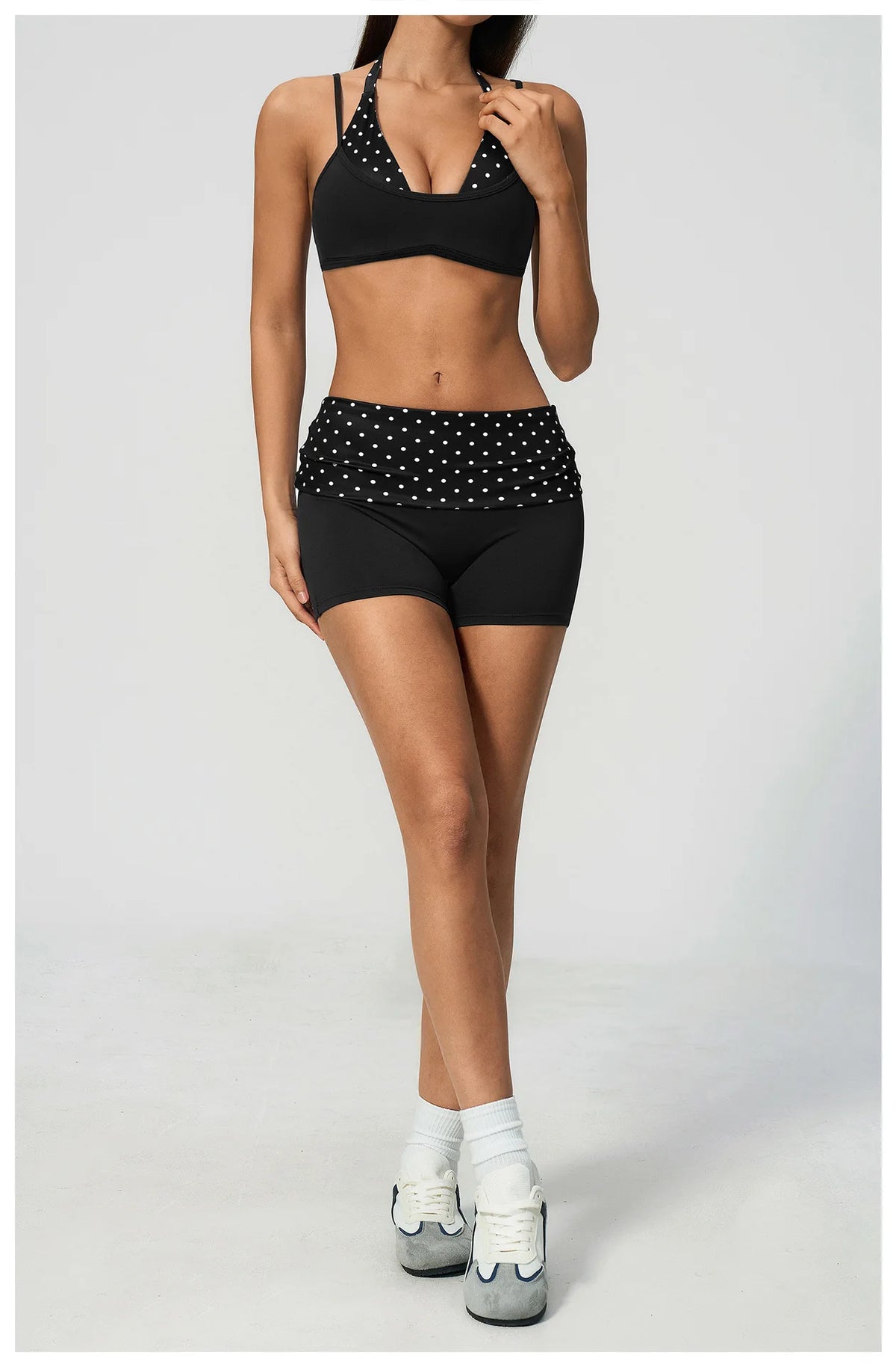 Breathable Striped Patchwork Yoga Clothing Women Fake Two-piece Sports Bra Folding High Waist Shorts Gym Running Fitness Suit