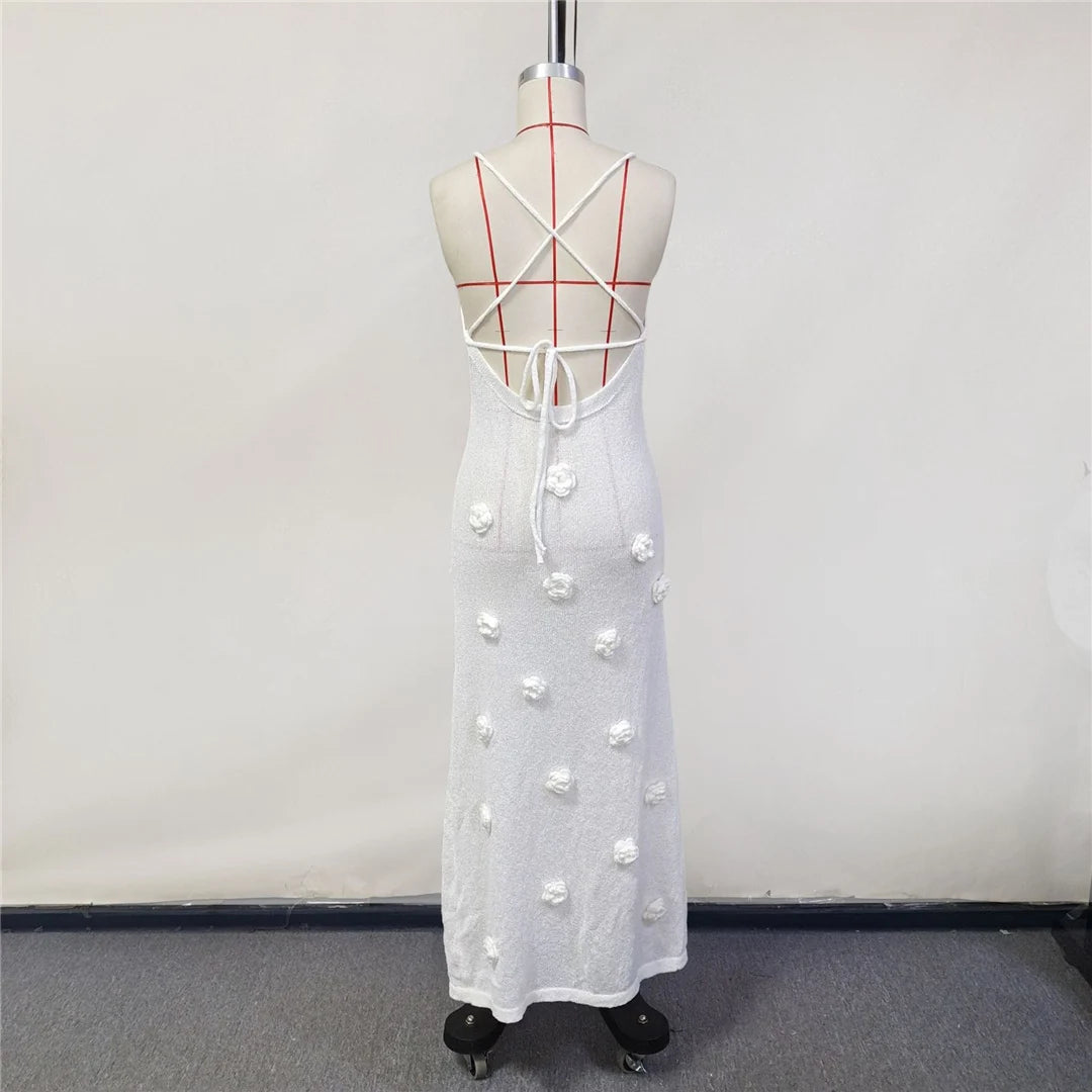 Elegant 3d Flower Knitted Dresses For Women V-neck Backless Sleeveless Lace Up Female Maxi Dress Summer Lady Beach Dress V6211