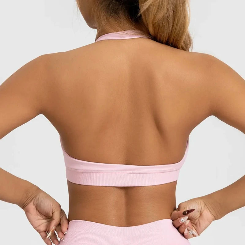 Women's Sexy Backless Yoga Sports Bra Shock-Absorbing Gathered Fitness Bra Beautiful Back Neck Hanging Design