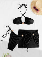 DEKA Women 3 Pieces Cross Halter Bandage Bikinis Set Skirt Swimwear High Waist Drawstring Swimsuit Summer Biquini