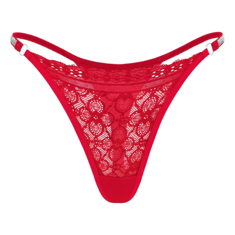 New Women Lace Trim Thong Panties Silver Ribbon Panel Low Rise Sexy G-string Breathable Stretch Skin Friendly Intimate Underwear