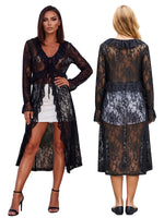 Women Casual Lightweight Floral Lace Ruffles Cover-ups Long Duster Summer Solid Color Tie Front Cardigan