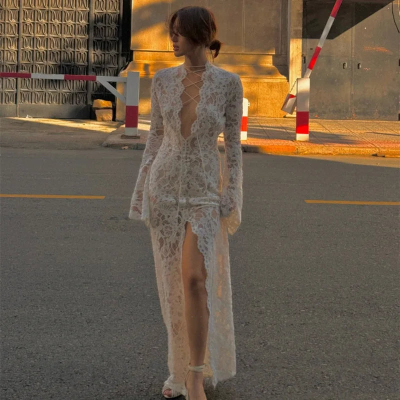 Woman Dress Clothing V-neck White Lace Dress 2025 Vestidos Para Mujer Fall Lace-up High Slit Slim LongEvening Party Dresses
