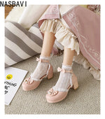 Girls Women 2026 Lolita Square Heeled Leather Single Shoes White Bow Lolita Mary Janes Summer Buckle Strap Sandals Dress Shoes