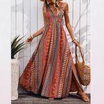 Bohemian Style Print Sleeveless Long Dresses Women Summer V-neck Backless Leace-up Slit Dress Casual Lady Vacation Vestidos