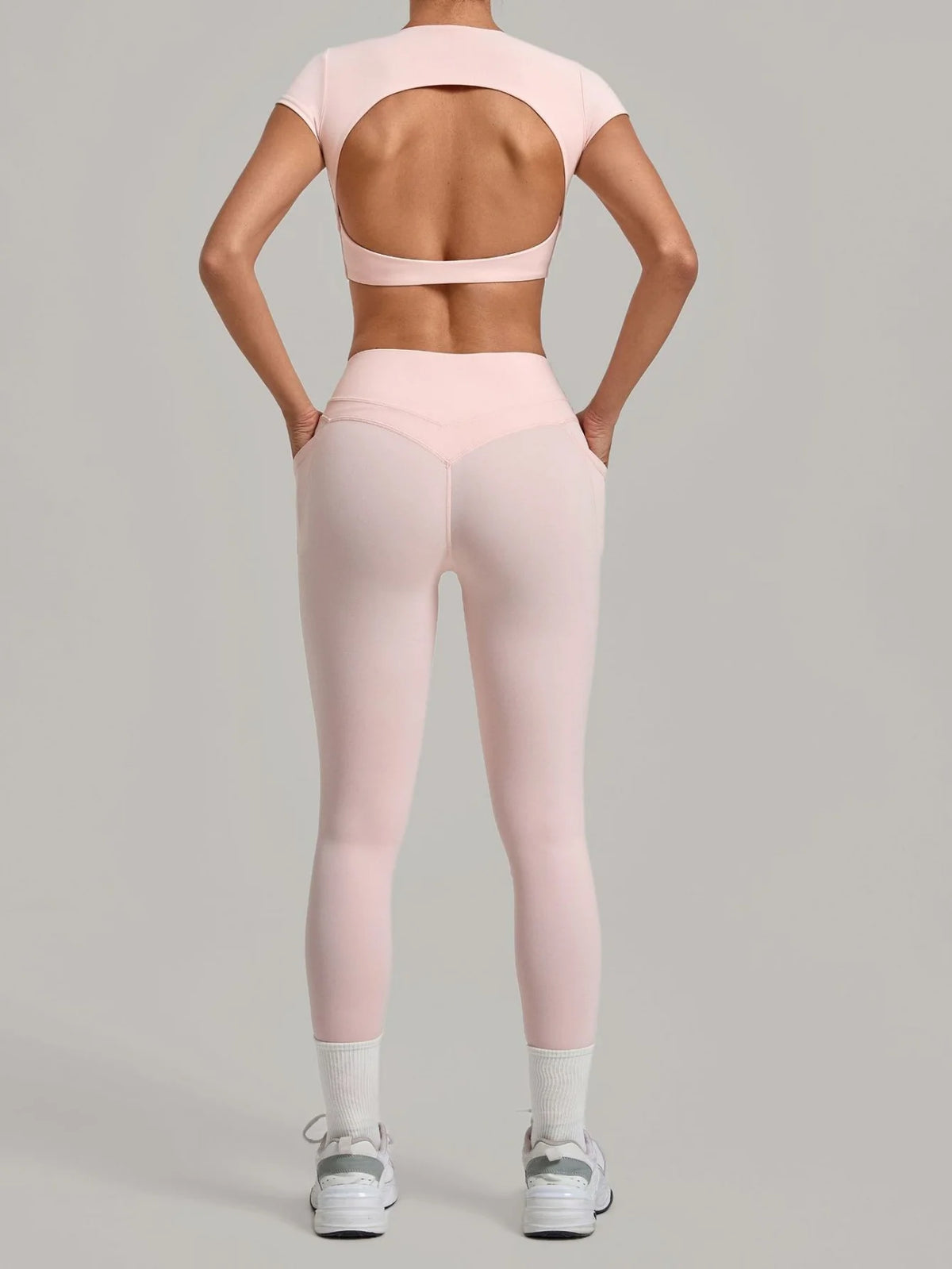 Yoga Set Women's Tracksuit Short Sleeve Back Hollow Out Sports Top Athletic Wear Tight High Waist Pocket Leggings Fitness Suits