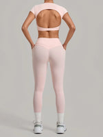 Yoga Set Women's Tracksuit Short Sleeve Back Hollow Out Sports Top Athletic Wear Tight High Waist Pocket Leggings Fitness Suits