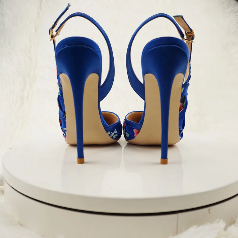 NoEnName_Null-Blue satin women's high heel sandals, dance, flowers, Silk patterned high-heeled shoes 12cmBanquet shoes