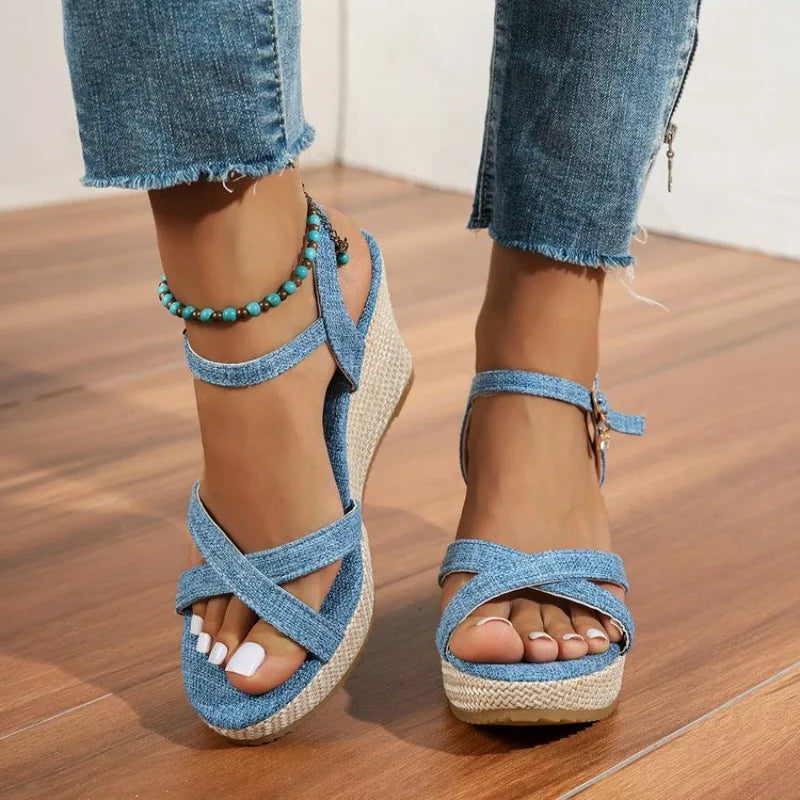 Summer Slope Heel Buckle Open Toe Wedge Ultra High Heel Women's Sandals 2026Fashion One Line Buckle Sandals Women ShoesHeels