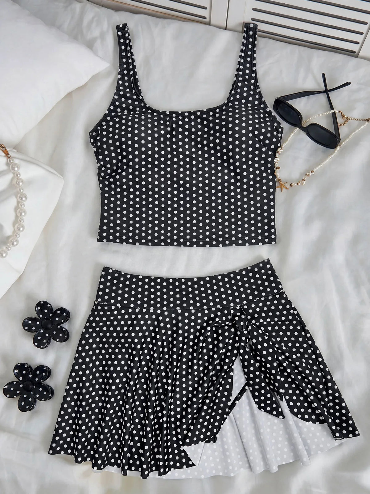 Vintage Black Polka Dot Print Tankini Set Women Push Up Tank Top Split Tie Skirt Two Piece Swimsiut 2026 Bathing Suit Swimwear