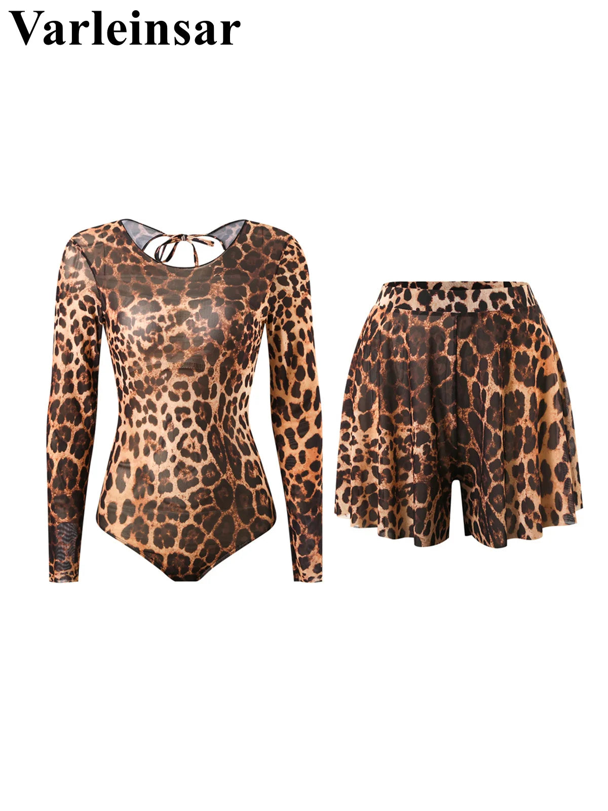 S - XXL New Sexy With Shorts Leopard Long Sleeve One Piece Swimsuit Women Swimwear Female Padded Bather Bathing Suit Swim V7348