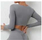 Long Sleeve Gym Crop Tops for Women Twist Deep V Workout Quick Dry Padded Sports Fitness Yoga T-Shirt