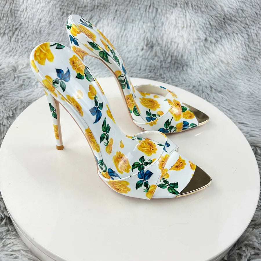 Sexy and fashionable printed slippers Shoes For Women's Sandals Summer Sexy Slippers Pointe Toe Thin Heels Stiletto Sandals12cm