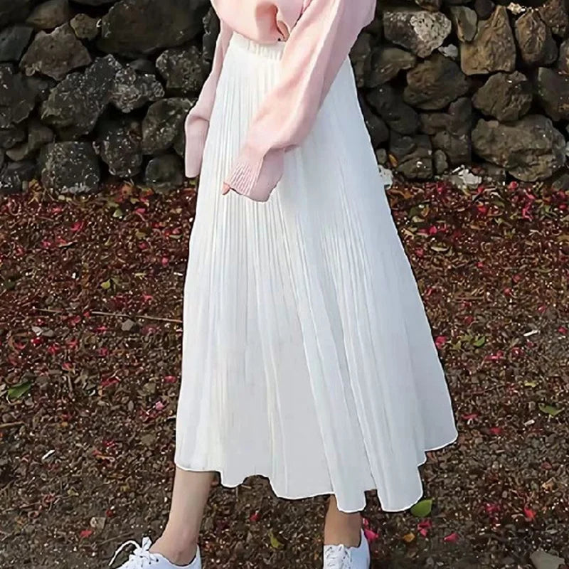 High Waist Elastic Pleated Skirt for Women Spring Summer Chiffon Skirts Vintage Patchwork White Black Long A-Line Skirt
