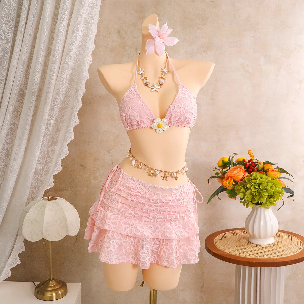 Vintage White Floral Embroidery Bikini Set 2026 Women 3D Flower Push Up Bra Pleate Skirt 3 Piece Swimsuit Bathing Suit Swimwear