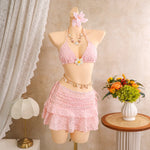 Vintage White Floral Embroidery Bikini Set 2026 Women 3D Flower Push Up Bra Pleate Skirt 3 Piece Swimsuit Bathing Suit Swimwear