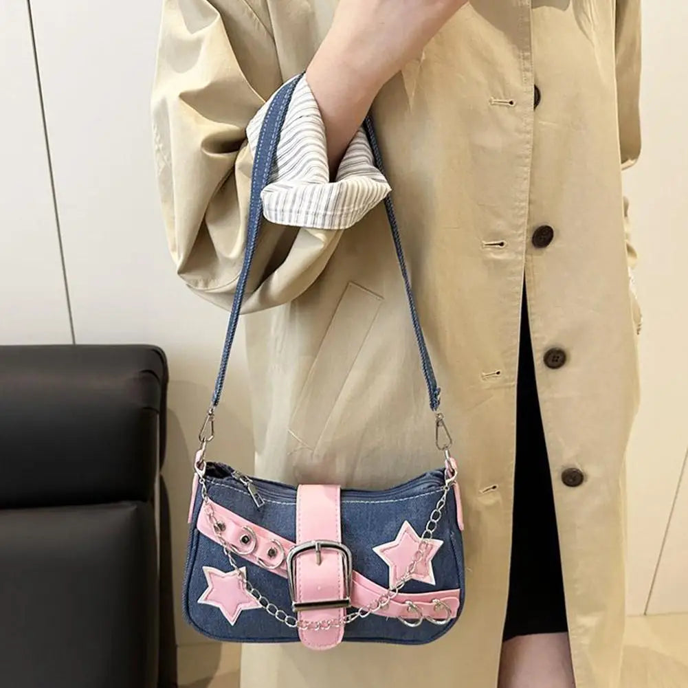 Fashion Women's Handbags Denim Stars Pattern Cool Girls Underarm Bag Female Small Shoulder Hobo Bags Chain Tote Bag