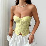 Sexy Yellow Woven Rose Jacquard Tank Top Women Strapless Steel Ring Slim Fit Fishbone Vest Summer Back Criss Cross Party Corset