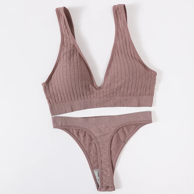 Women Seamless Bra And Panties Set Push Up Bras High Leg Cut Thongs Sport Wireless Brassiere Sexy Lingerie Ribbed Underwear