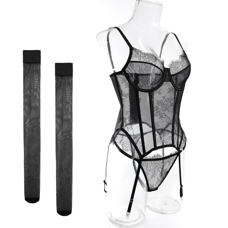 Toucheart Erotic Lingerie Set Women Romantic Tight Fishbone Bra Heavy Industry Lacemesh Hollow Splicing Garter Belt Andstockings