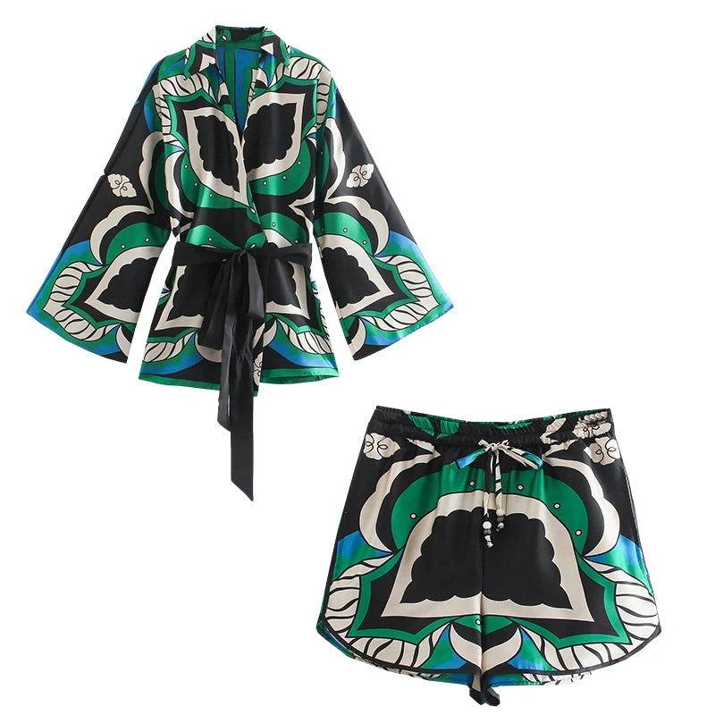 Foridol Oversized Green Print Boho Women Shorts Sets Shirts Shorts Pants Three Pieces Fashion Suits Matching Sets 2025 Summer