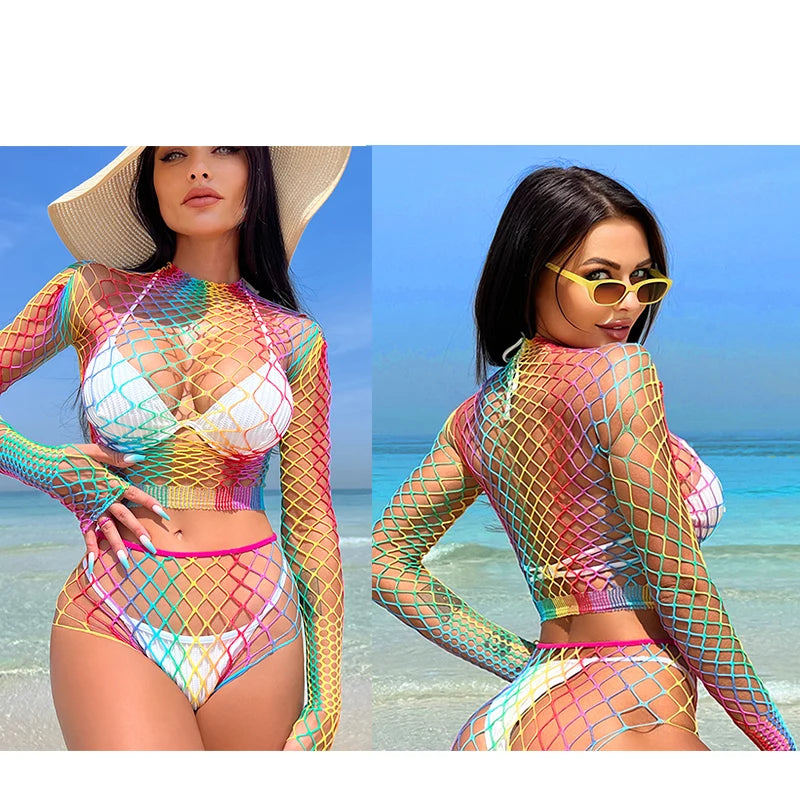 1 Set Sexy Women Fishnet Cover Ups Hollow Out Bodycon Women's Swimwear See through Tassel Dress without Bikini Beachwear