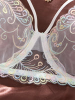 White Iridescent Peacock Feather Embroidered Lace Bra and Panty Set Women Sexy Sheer Mesh Underwear Two Piece