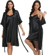 Women's Silk Satin Pajamas 2Pcs Sexy Silky Pj Robe Set with Chemise Nightgown