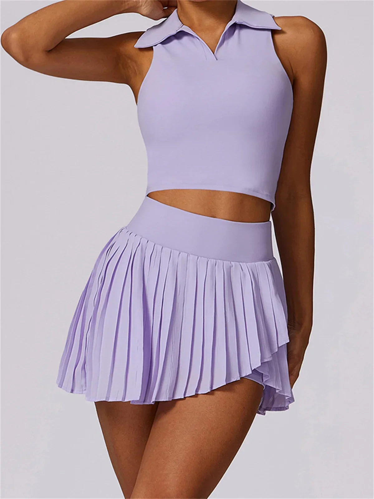 Outdoor Breathable Golf Wear Tennis Sport Sets Women Turn Down Collar Sleeveless Top Short 2 in 1 Skirt Running Fitness Set
