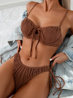 Sexy Coffee Bikini 2026 Women Front Tie Push Up Underwire Swimsuit Brazilian Cut Out Beach Bathing Suit Tie Side Thong Swimwear