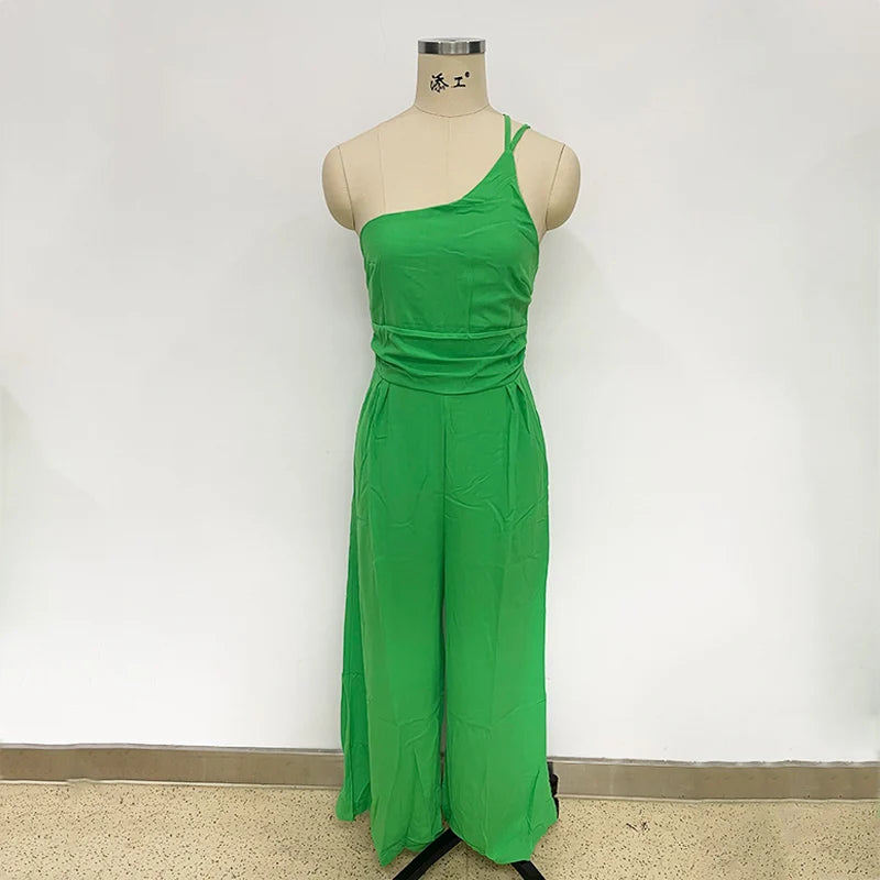 Foridol Waist Folds Backless Double Strap Casual Wide Leg Jumpsuit Long Pants Green 2025 New Female LooseJumpsuit