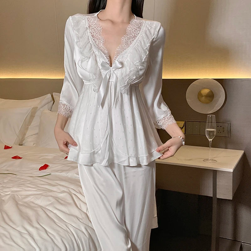 Women's Lace Satin Home Sleepwear Set Deep V Sweet Lace Top and Pants Two Pieces of Home Clothes Big Size White Black Purple