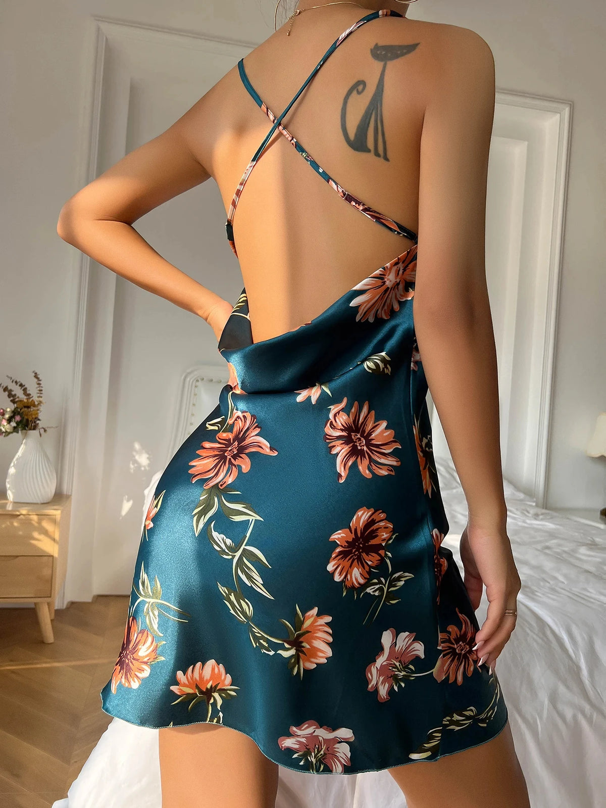 Summer Ice Silk Stain Nightgowns Women's Slip Dress Sexy Sleepwear Floral Print Pajamas Open Back Split Nightdress Pajamas