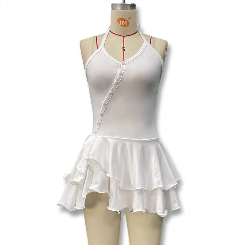 Hot Girl Slim Halter Neck Mini Dress Solid Color V-neck Single-breasted Layered Ruffles Bodycon Short Dresses Fashion Female New