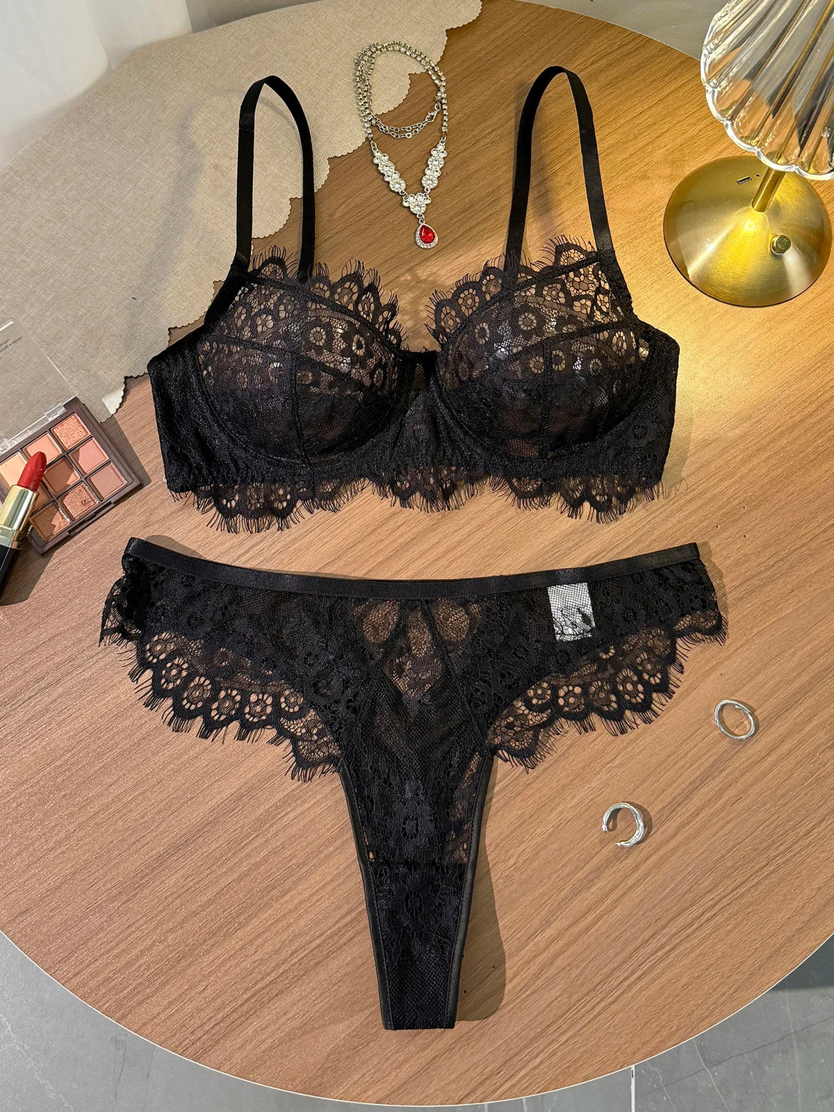 Black Lace Bra and Panty Set – Sexy Sheer Mesh Push-Up Bralette with Scalloped Edges + Thong Lingerie – Romantic Valentine’s Day