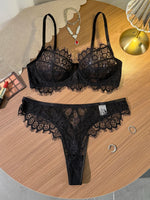 Black Lace Bra and Panty Set – Sexy Sheer Mesh Push-Up Bralette with Scalloped Edges + Thong Lingerie – Romantic Valentine’s Day