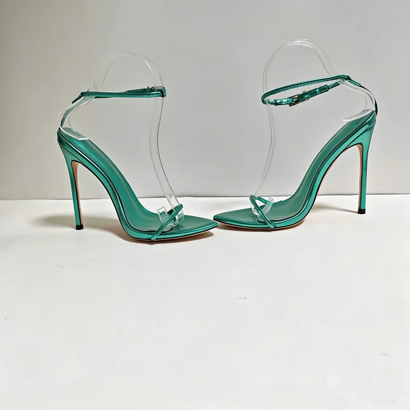 Women's Metallic Green Ankle Strap Stiletto Sandals - Pointed Toe High Heels for Party, Summer & Evening Dress