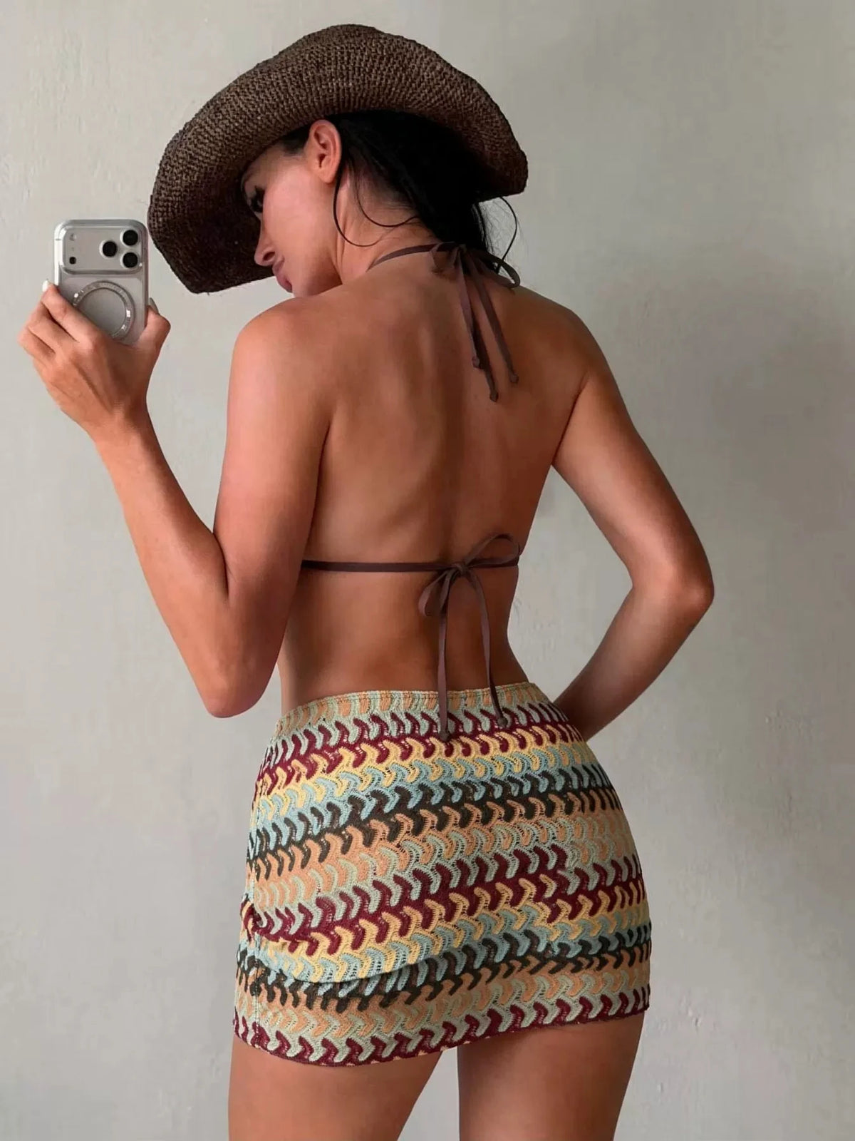 DEKA Vintage Green Striped Knitted Bikini Set Women Sexy Swimwear Drawstring Side Cover Up 3 Piece Swimsuit Bathing Suit Holiday