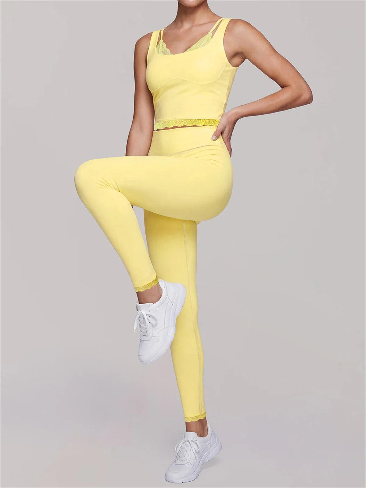 Fake Two Piece Tank Top Yoga Sets Women Lace V Neck Sports Vest Fitness Suit Hip Lifting High Waist Leggings Workout Clothes