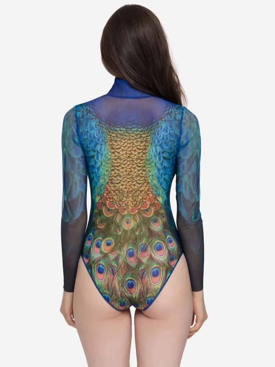 2026 Women's High Waist One Piece Swimsuit Mesh Beach Suit with Long Sleeves Sexy Printed Surfing Купальник Large Size