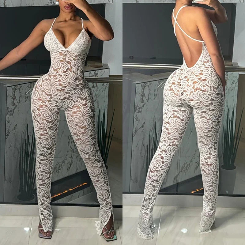 Women Sexy Cross Backless JumpsuitSee Thorough v-Neck Sleeveless Summer Coquette Stretch Activity Workout Overalls