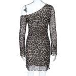 Spring Summer Off-Shoulder Sexy Leopard Print Long-Sleeve Dress European-Style Casual Backless Bell-Sleeve Mini Skirt Streetwear