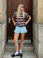 Foridol Burgundy Striped Casual Women T-shirt Summer Loose Polo Shirts Buttons New Female Tops Blouse White Tops Spring Shirt