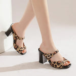 Fashion Leopard Print Square Heel Slippers Summer New Square Toe Metal Buckle Non-slip Wear-resistant Kitten Heel Shoes