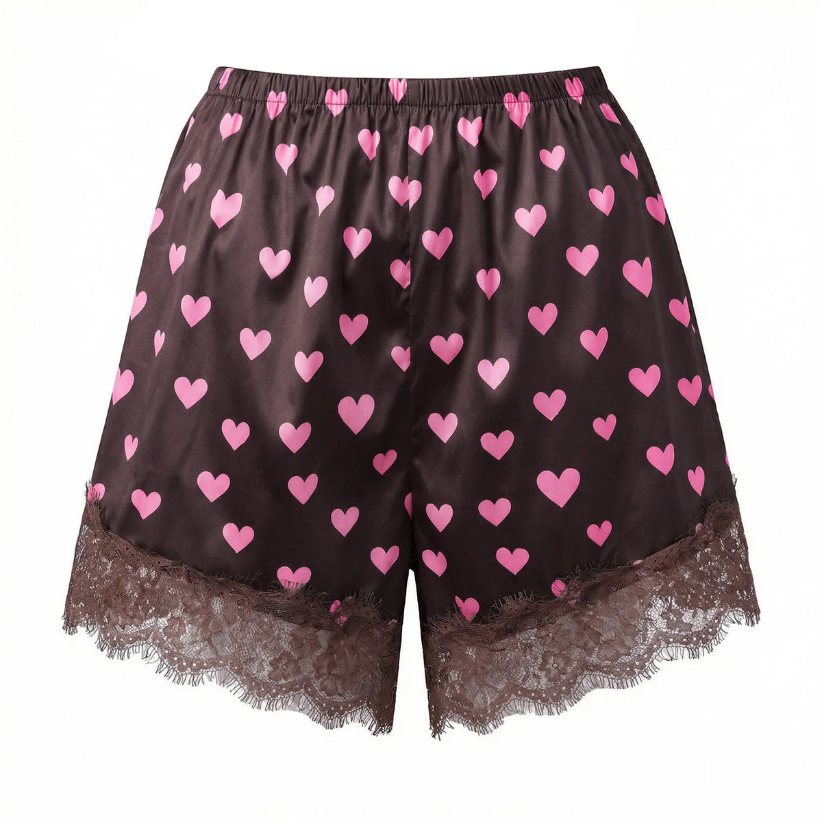 Summer Women’s Satin Lace Hem Shorts Elastic Waist Loose Fit Wide Leg Short Pants Casual Lounge Bottoms Solid Color