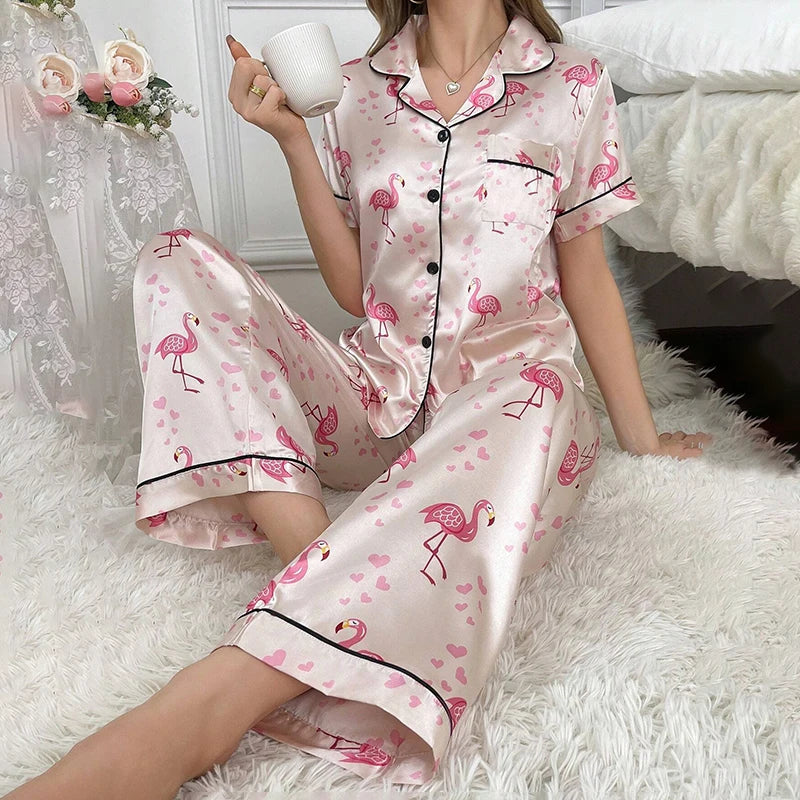 Women's Sleepwear Heart & Letter Print Pajamas Lounge Set Autumn Long Sleeve Buttons Top & Pants Loungewear Pyjama Pijama Femme