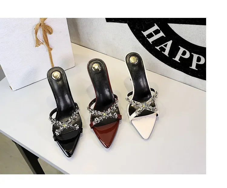 Water Diamond Women's Sandals Summer Cross Band High Heel Slip-On Shoes Leather Material Anti-Slip Rubber Sole Casual Style