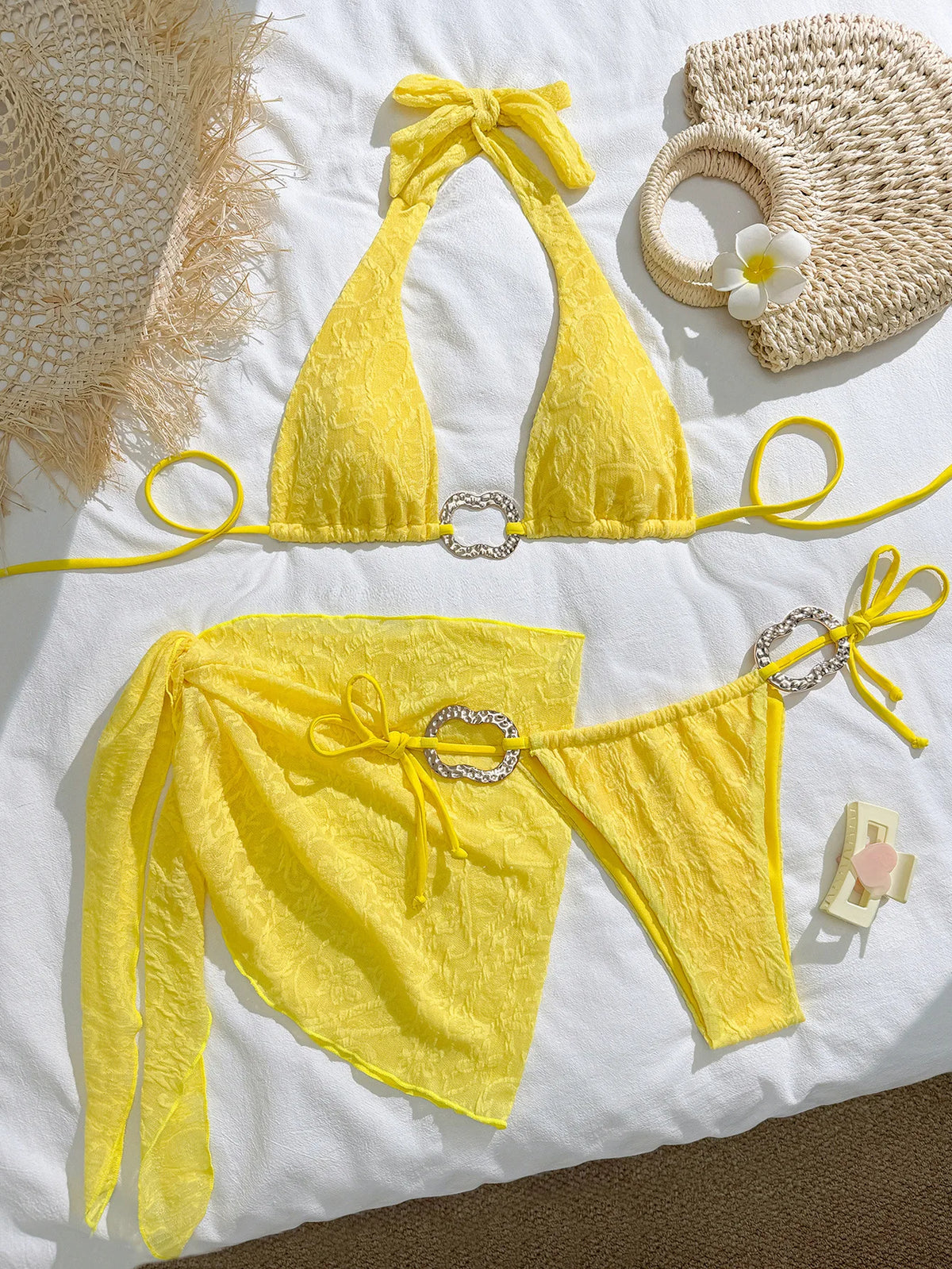 New 3 Pieces Padded String Bikini Set Swimsuit Women Yellow Swimwear with Sarong Skirts Dress Beach Wear Mesh Bathing Suit Pool